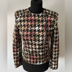 ZARA TRAFALUC Sz M Jacket Moto Style Houndstooth Floral Padded Zippers